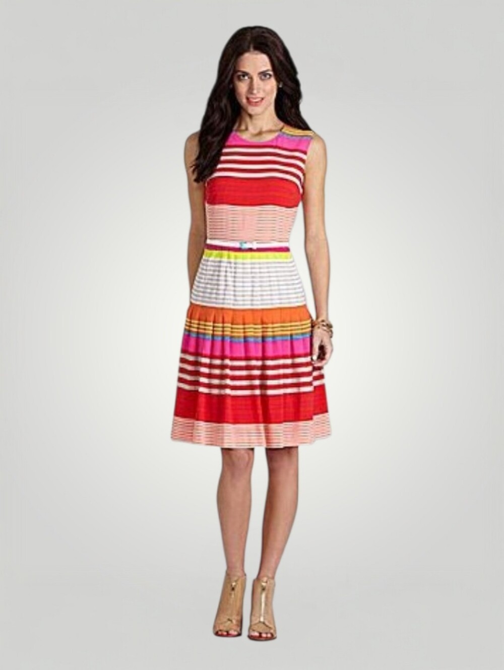 Calvin Klein Striped Pleated Midi Dress 6 Pink Orange Coral Belted Sleeveless